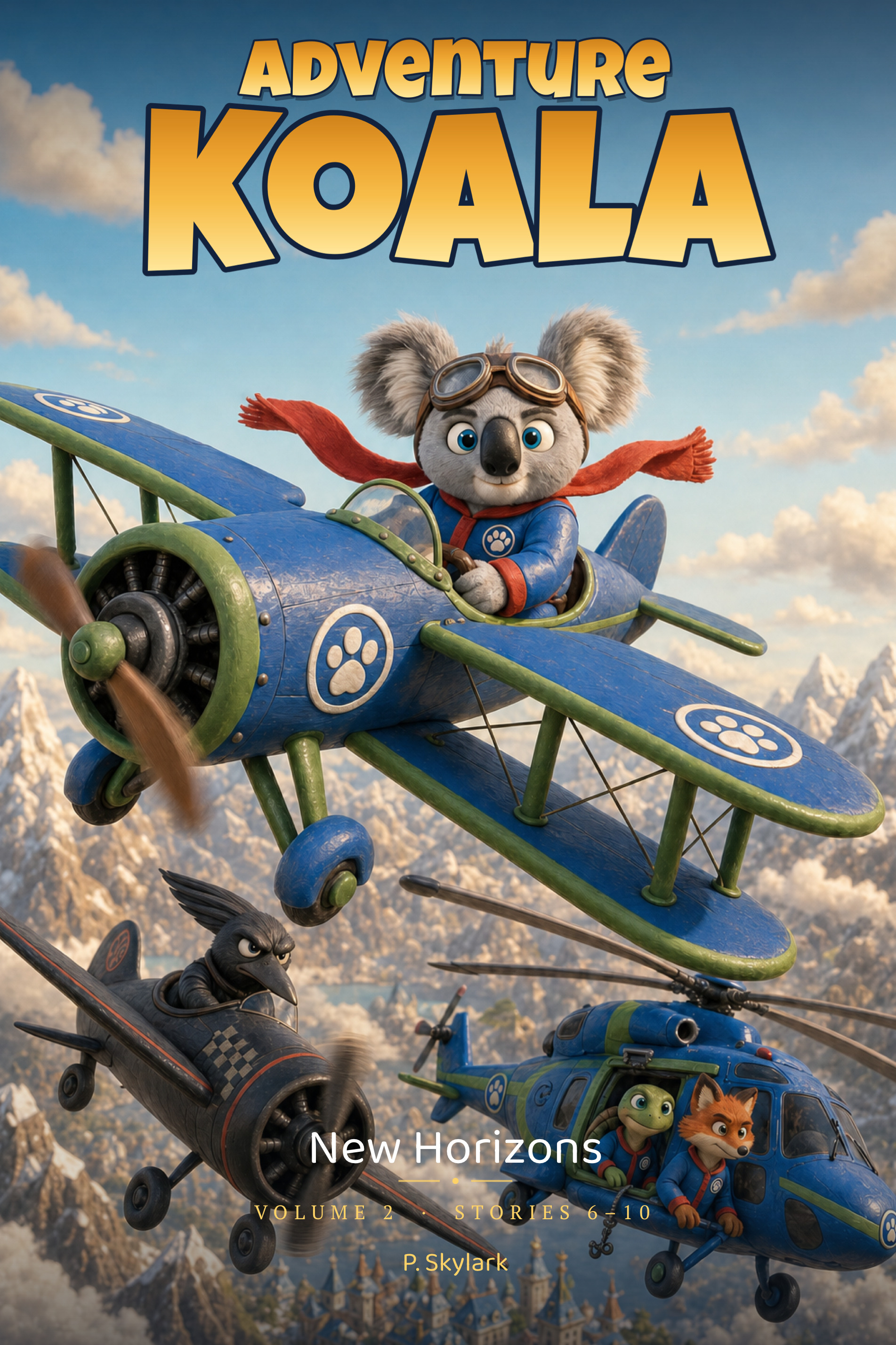 Adventure Koala: New Horizons (Volume 2) book cover — Adventure Koala flying a biplane