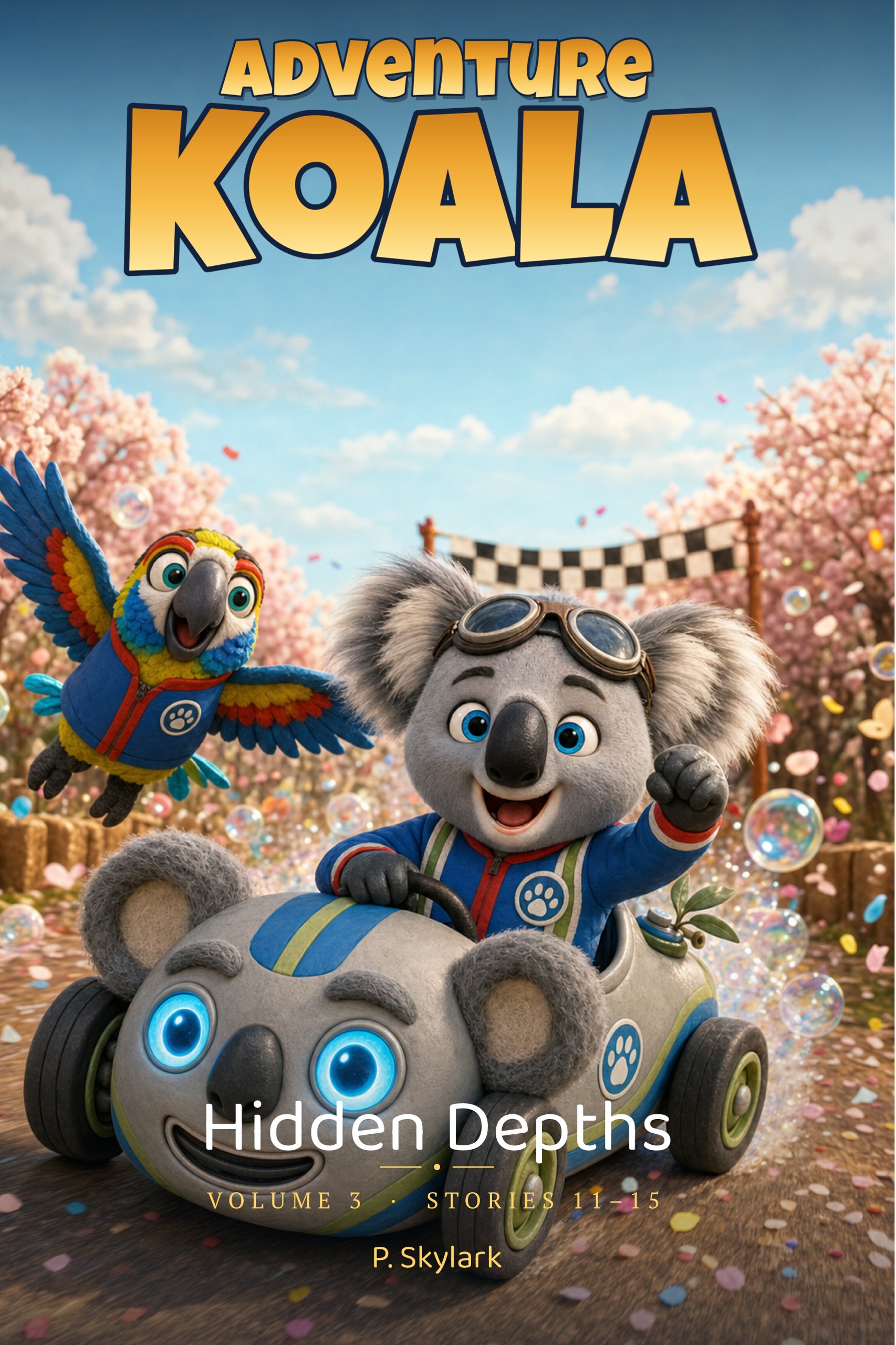 Adventure Koala: Hidden Depths (Volume 3) book cover — Adventure Koala racing a koala-shaped car with Pedro the parrot