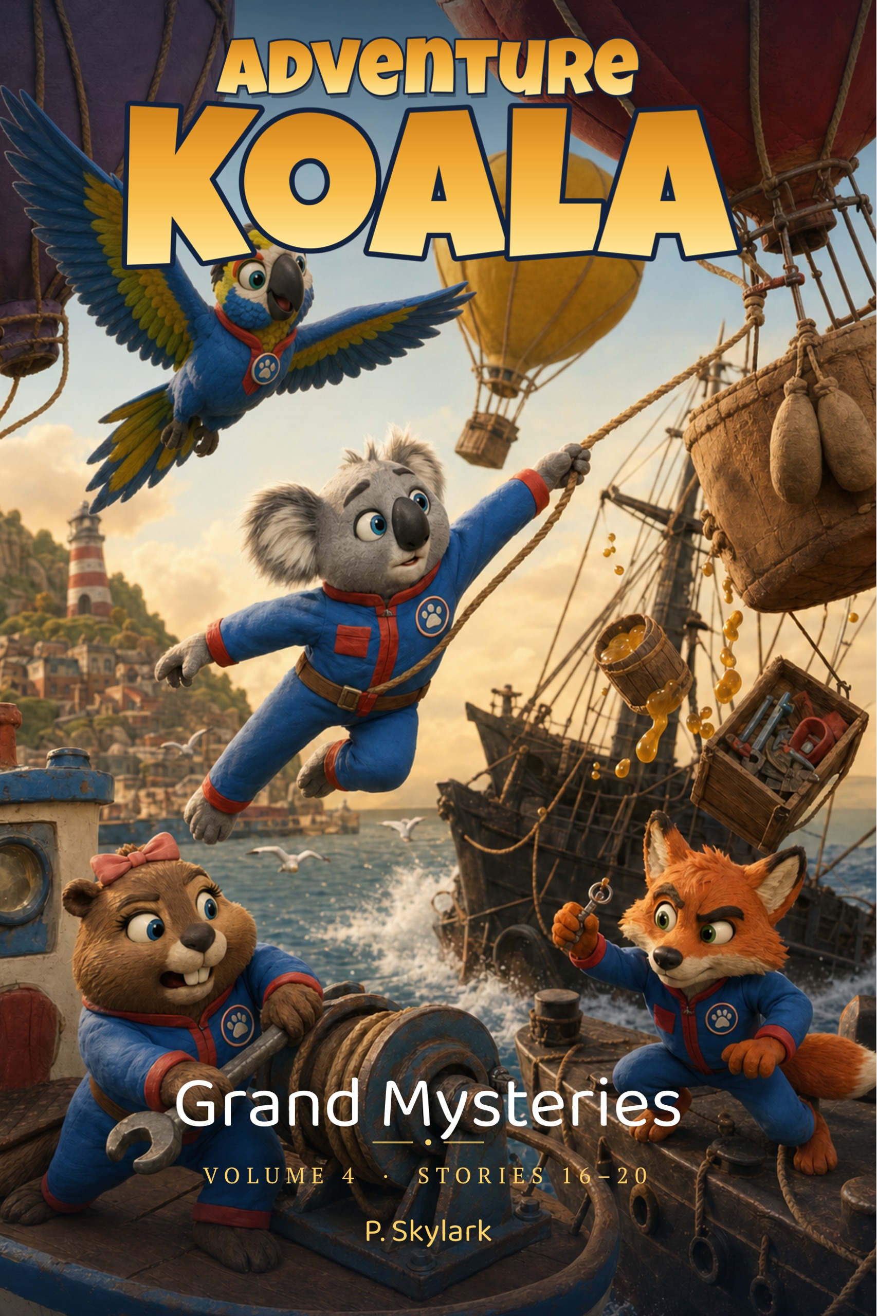 Adventure Koala: Grand Mysteries (Volume 4) book cover — the team swinging across a harbor past an old ship