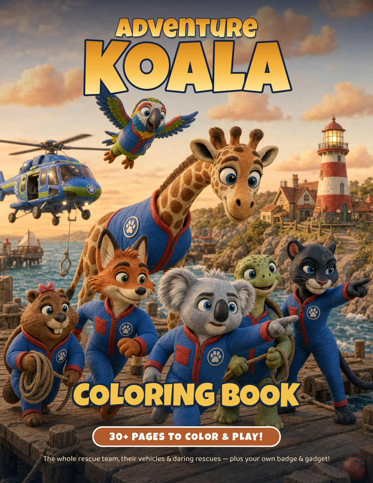 Adventure Koala Coloring & Activity Book cover — the whole rescue team on the dock, with 30+ pages to color and play