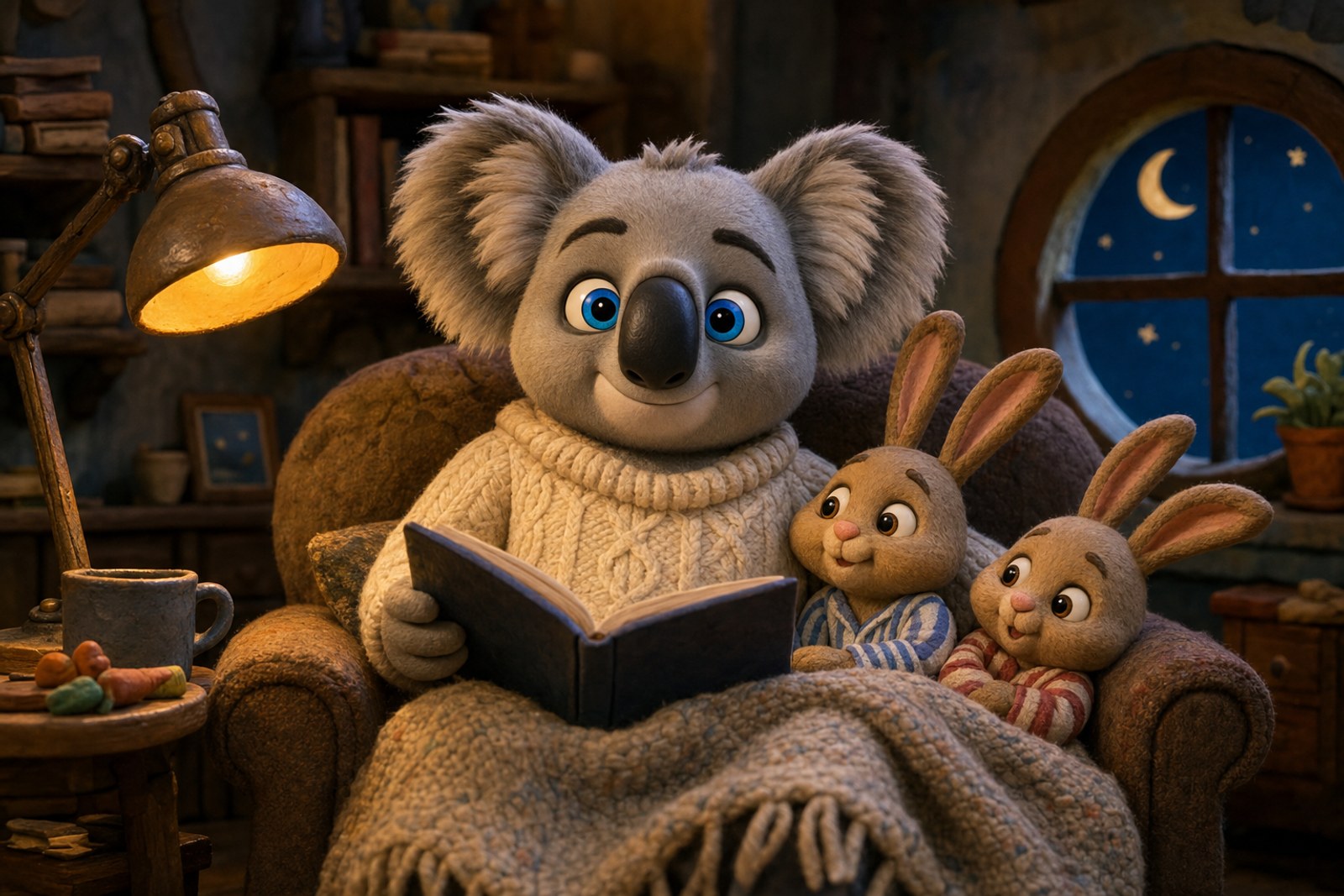 Adventure Koala reading a bedtime story to two young bunnies