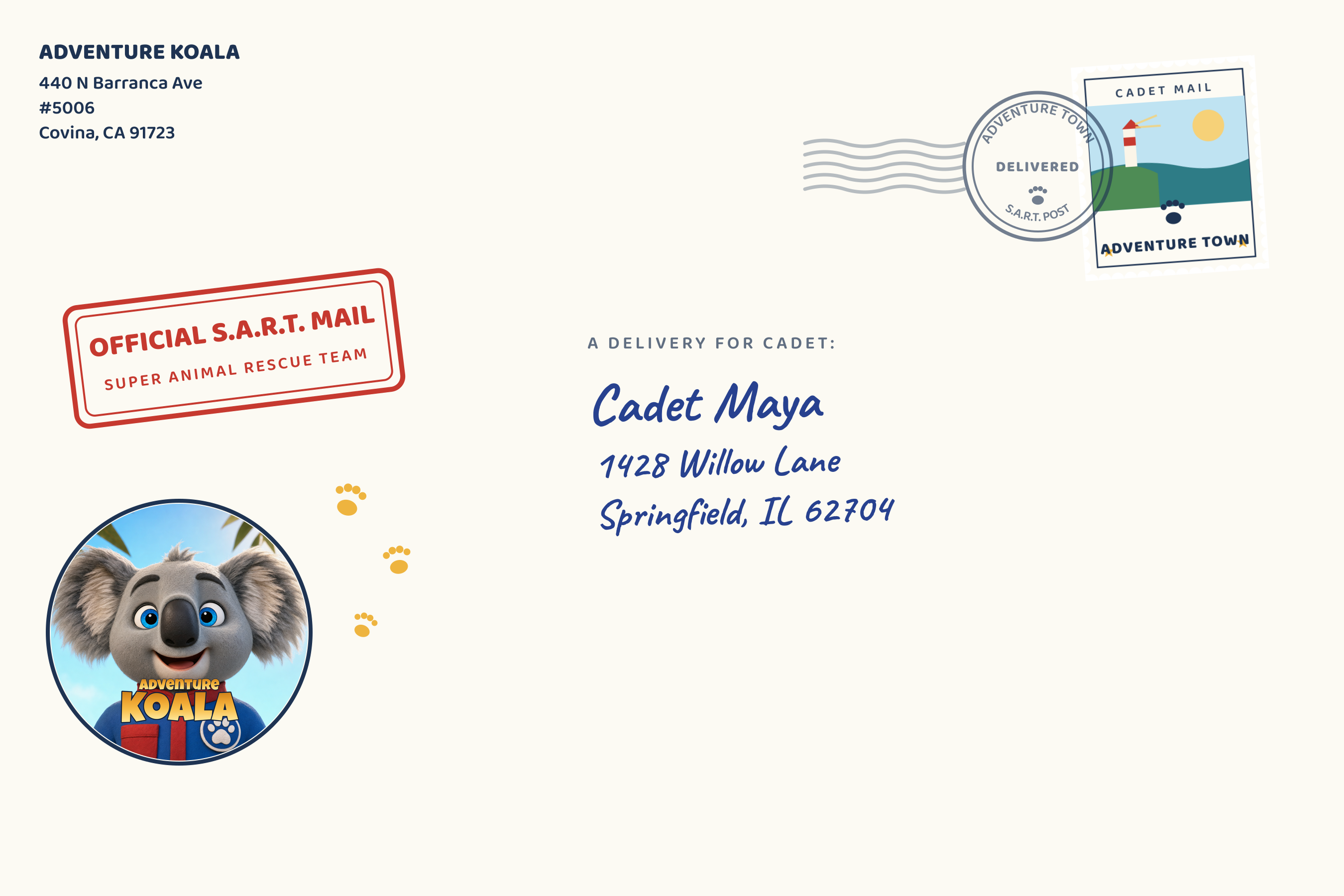 A stamped Super Animal Rescue Team envelope hand-addressed to Cadet Maya, with the official S.A.R.T. Mail stamp and Adventure Koala seal