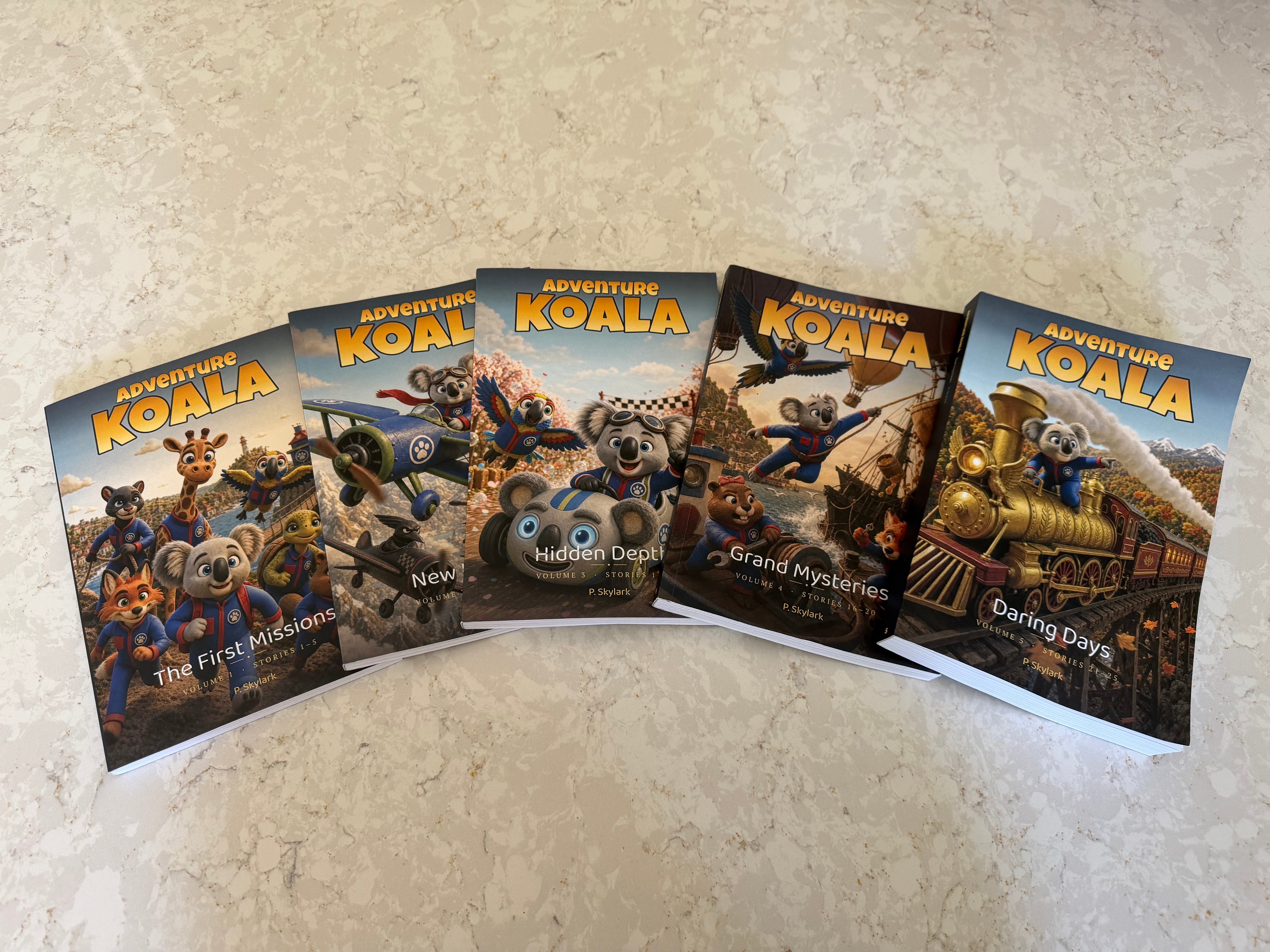 All five printed Adventure Koala storybooks fanned out on a countertop