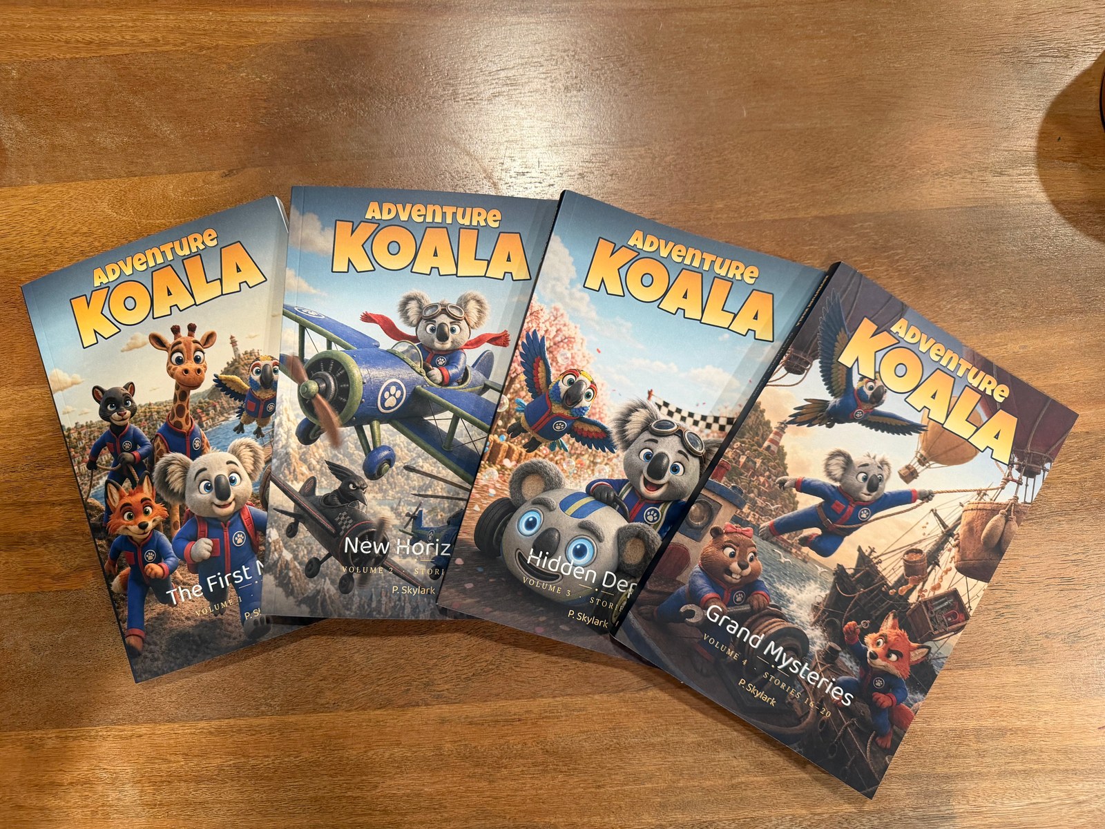 The five printed Adventure Koala storybooks fanned out on a table