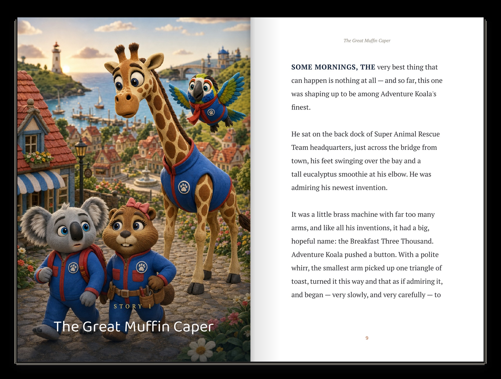 Interior spread: a full-page story-opener illustration of the team in Adventure Town beside the opening page of the story