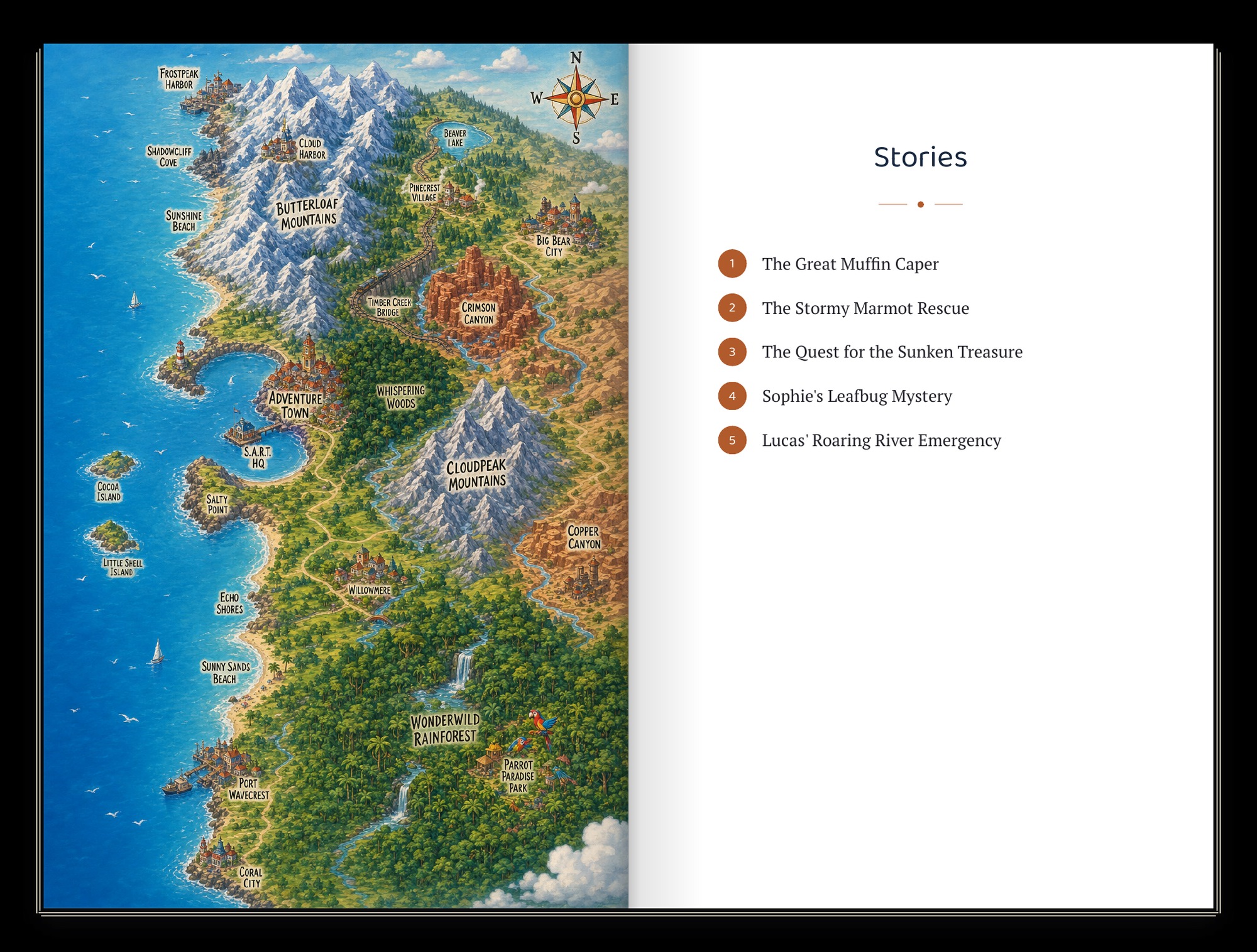 Interior spread: an illustrated map of the Adventure Town world beside the numbered table of contents