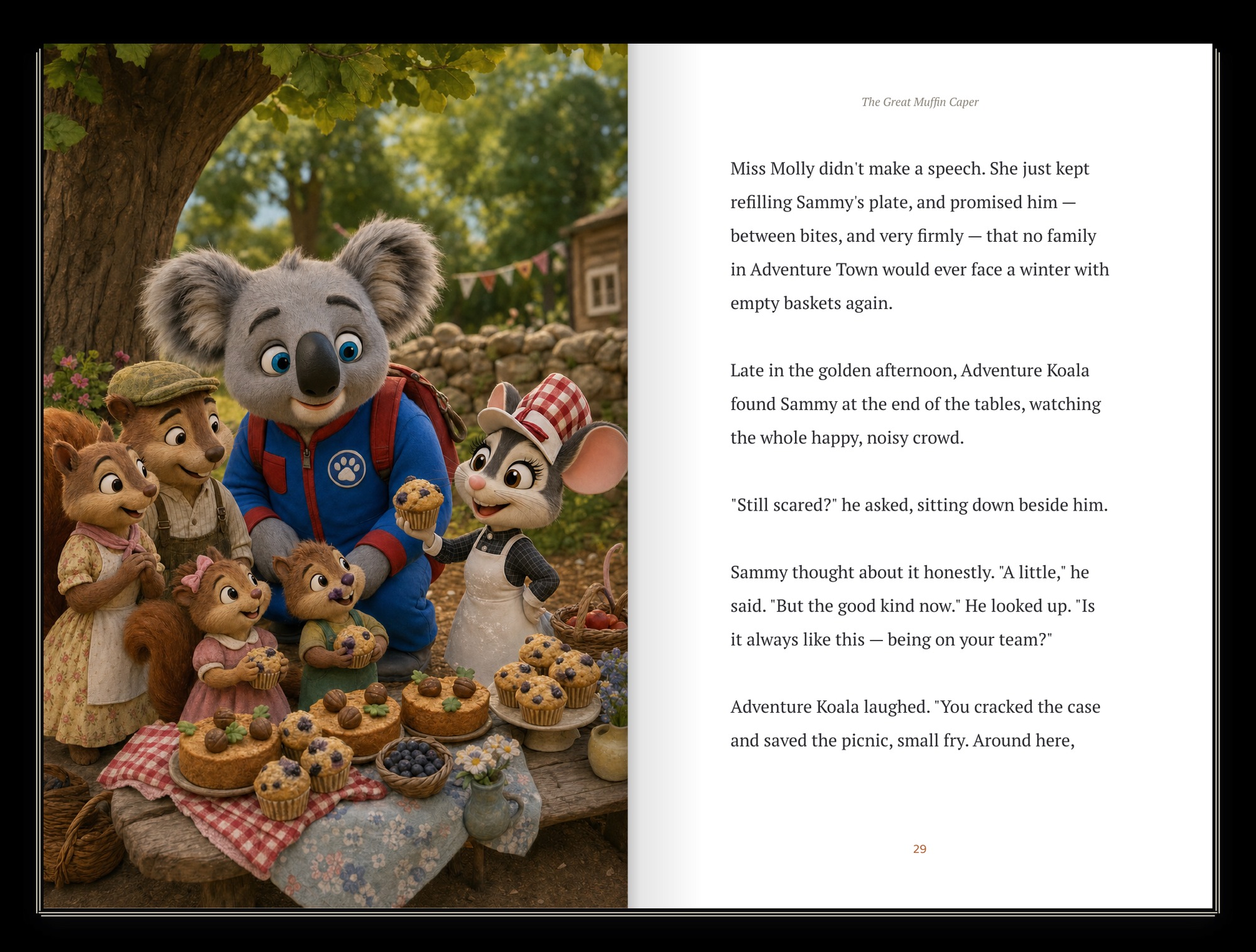 Interior spread: a full-page picnic illustration beside a page of large, readable story text