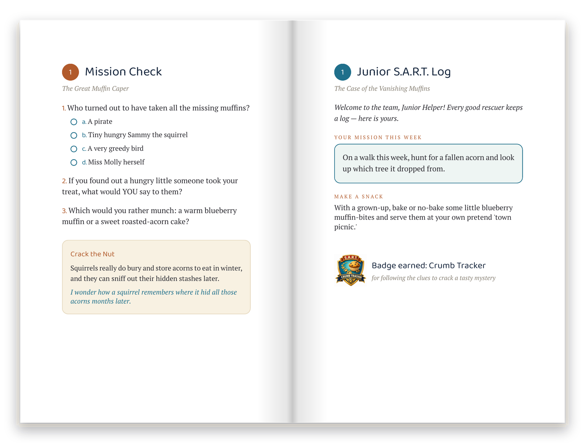 Interior spread: a Mission Check quiz page beside a Junior S.A.R.T. Log activity page with an earned badge