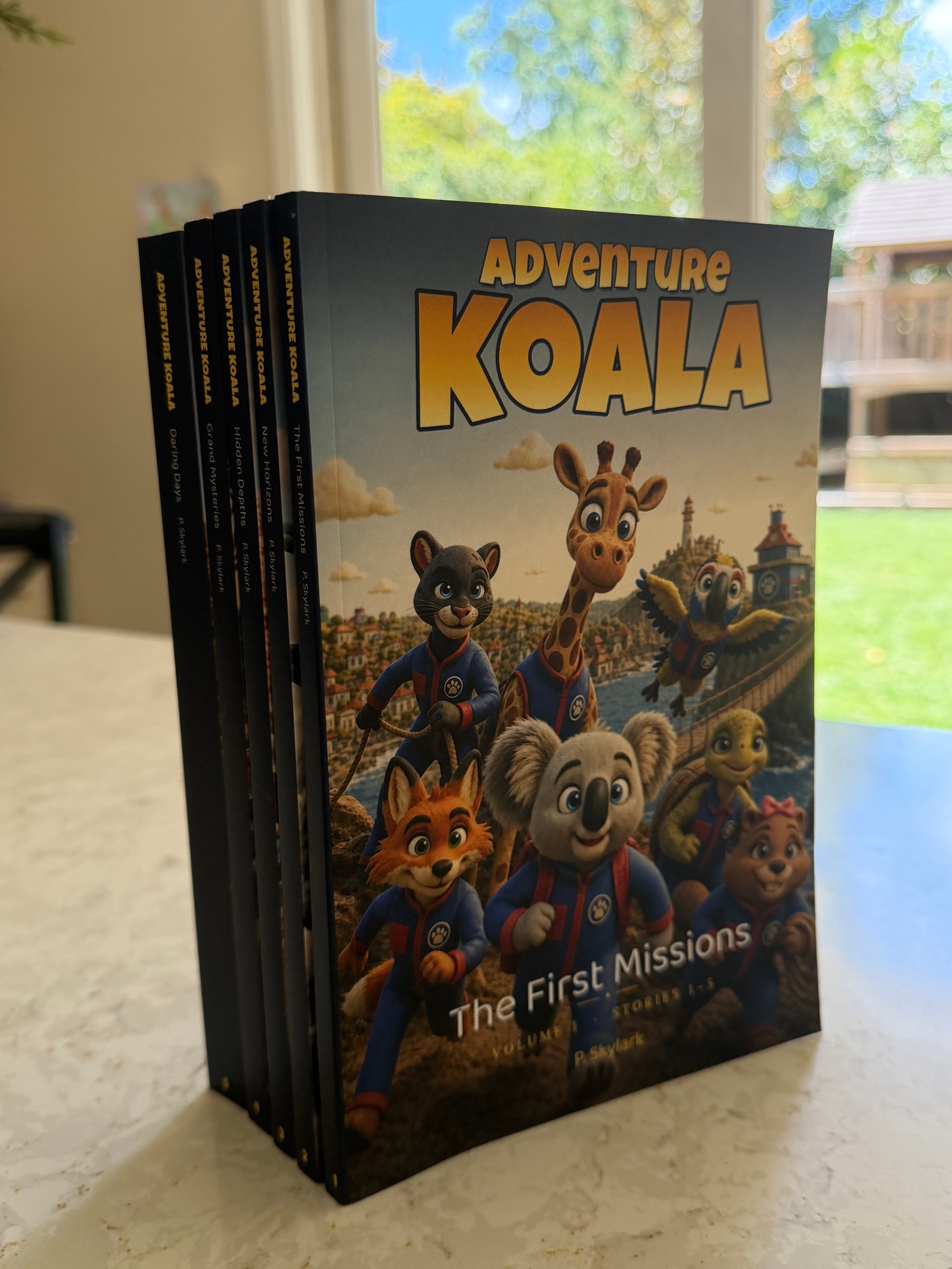 The five printed Adventure Koala books stacked upright in window light, The First Missions facing forward